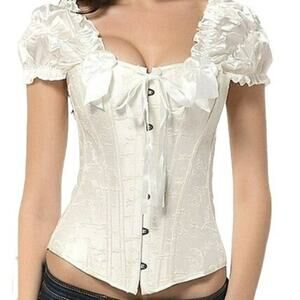 Coeur de Vague White Bow Cap-Sleeve Corset Womens Medium Festival Ren Fair